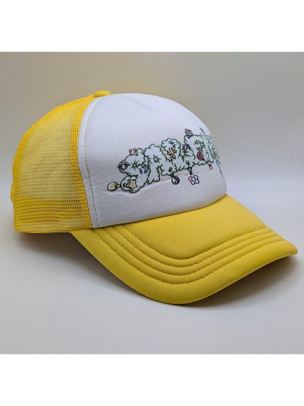 Salem7 Pierced Yellow White Trucker Hat Foam Mesh Snapback Unisex Skate Punk Cap